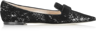 Jimmy Choo Gala Flocked Sequined Leather Point-Toe Flats