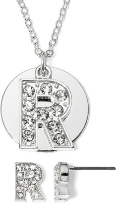 Liz Claiborne Silver-Tone Crystal R Initial Pendant Necklace and Earring Set