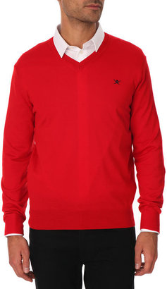 Hackett Red v-neck merino wool jumper with logo
