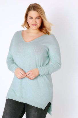 Yours Clothing Pale Green Knitted V-Neck Longline Jumper With Step Hem