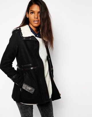 Doma Wool Coat with Leather Trims and Shearling Collar