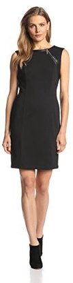 Ellen Tracy Women's ponte sleeveless sheath with pleather and zipper trim at neck