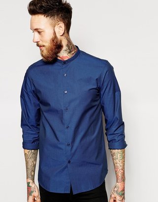 ASOS Smart Shirt In Long Sleeve in Tonic Fabric with Grandad Collar - Navy