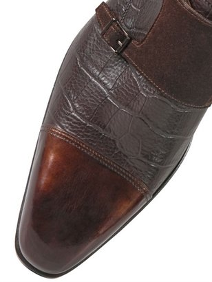 Santoni Embossed Leather & Suede Monk Strap Shoe