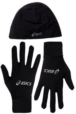 Asics Black running beanie and gloves set