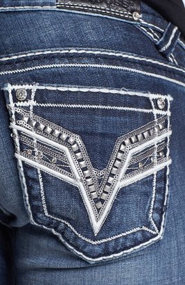 Vigoss Contrast Stitch Studded Pocket Bootcut Jeans (Dark) (Juniors)