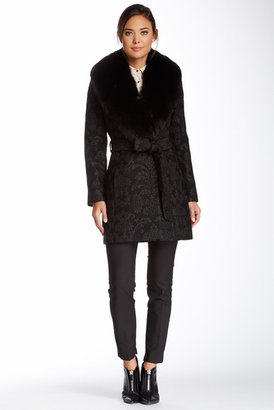 Sofia Cashmere Genuine Dyed Fox Fur Collar Jacquard Wool Blend Wrap