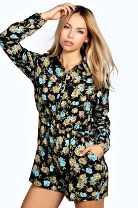 boohoo Sapphire Sketchy Floral Shirt Style Playsuit