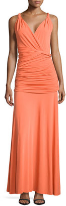 Halston V-Neck Ruched Jersey Gown, Tangerine