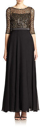 Kay Unger Lace-Top Silk Chiffon Gown