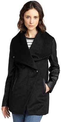 RD Style black wool oversize collar faux leather sleeve coat