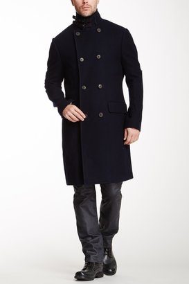 John Varvatos Collection Double Breasted Wool Blend Peacoat with Leather Trim