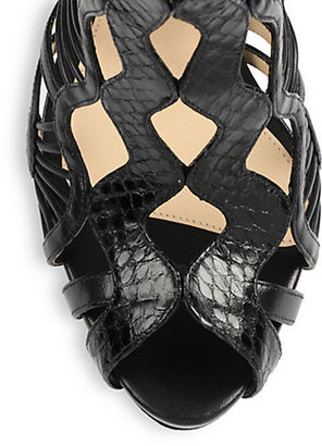 Alexandre Birman Leather and Snakeskin Cage Sandals