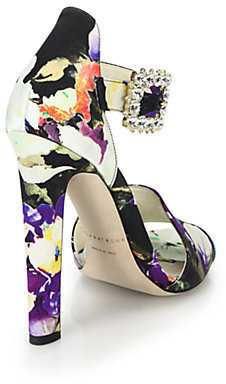 Brian Atwood Iosy Strass Jeweled-Buckle Floral-Print Silk Sandals
