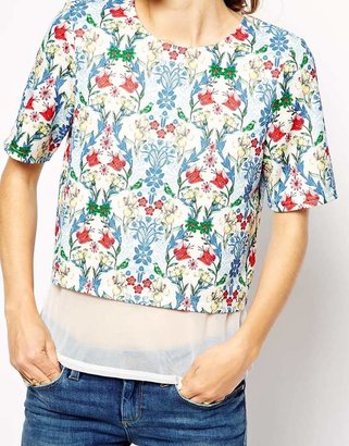 ASOS Textured T-Shirt in Floral Print with Sheer Inserts