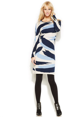 INC International Concepts Zippered-Sleeve Printed Sweater Dress