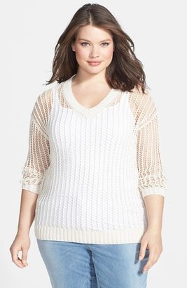 Vince Camuto Metallic Cotton V-Neck Sweater (Plus Size)