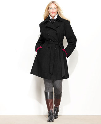 DKNY Plus Size Coat, Wool-Blend Contrast-Belted Trench Coat