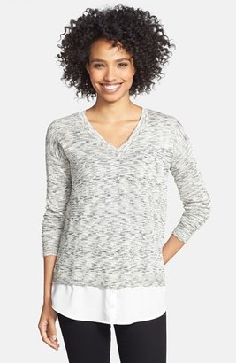 Kensie Crepe Inset Spaced Dye V-Neck Sweater