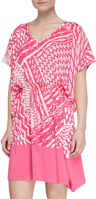 Josie Ikat-Print Challis Rayon Tunic, Cosmo Pink/White