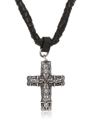Emanuele Bicocchi Woven Leather & Silver Cross Necklace