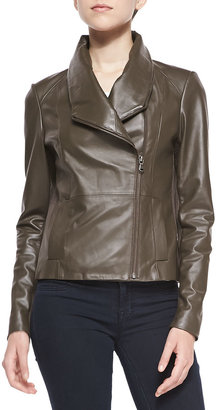 Neiman Marcus Cusp by Asymmetric Fold-Over Collar Leather Jacket, Tarmac