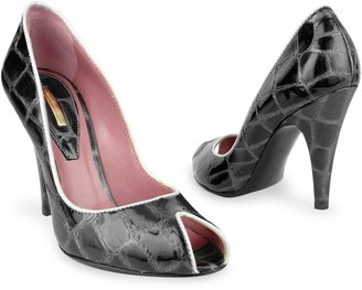 Mario Bologna Open Toe Gray Croco Patent Leather Pump Shoes
