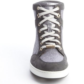 Jimmy Choo Smoky Grey Glittere Suede Trimmed Lace Up Sneakers