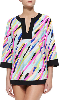 Athena Printed Solid-Trim Jersey Tunic Coverup