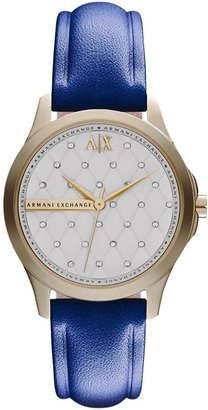 Armani Exchange Silver Dial Gold IP Plated And Blue Leather Strap Ladies Watch