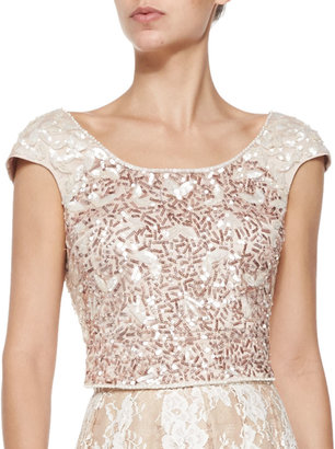 Kay Unger New York Cap-Sleeve Beaded Cropped Top