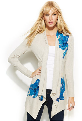 INC International Concepts Draped Floral-Print Sequined Cardigan