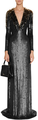 Jenny Packham Black/Gold Sequined Silk Gown