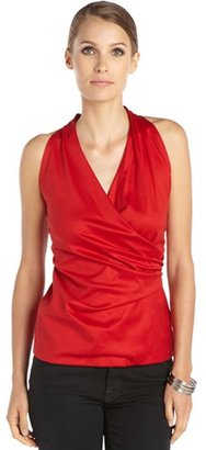 Lafayette 148 New York flame red cotton woven side shirred halter neck top