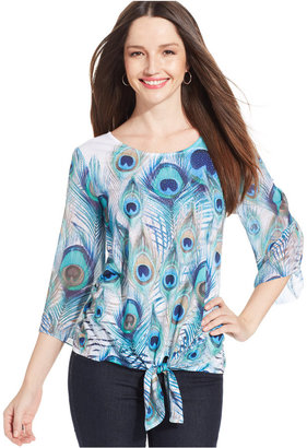 JM Collection Peacock-Print Tie-Front Top