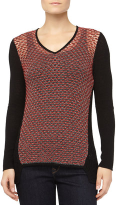 Helmut Lang Crepe Gauze Mixed-Knit Sweater, Black/Torch