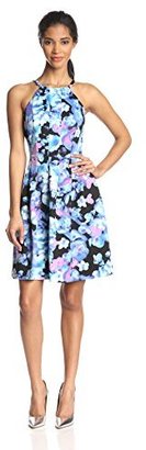 Vince Camuto Women's Halter Fitted Printed Floral Flare Dress