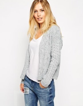Warehouse Crop Zip Front V Cable Bomber - Light gray