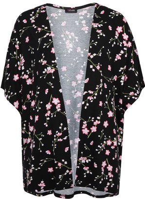 Yours Clothing Black And Pink Oriental Floral Print Jersey Kimono Shrug