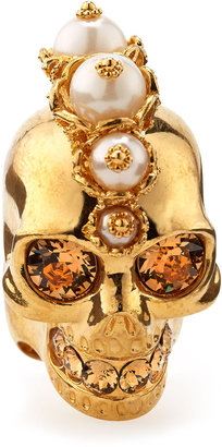 Alexander McQueen Punk Skull Pearl Ring, Golden