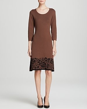 Anne Klein Dress - Round Neck Flare Skirt Lace Print Hem