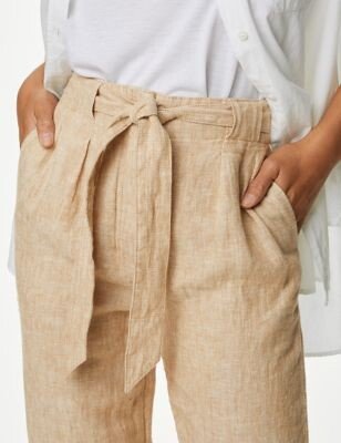 M's Pure Linen Belted Tapered Trousers