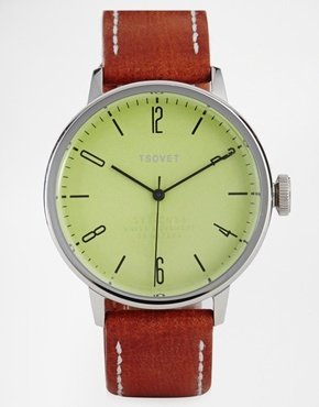 Tsovet Tan Leather Strap Watch With Green Dial