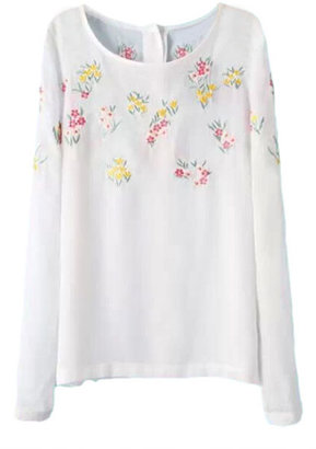 Romwe Embroidered Buttoned White Blouse