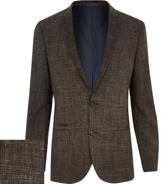 River Island Brown crosshatch linen-blend slim suit jacket