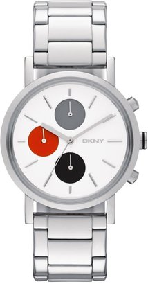 DKNY Lexington Round White Glossy Dial With Grey, Black And Red Detail On Face, Polished Stainless Steel Bracelet Ladies Watch