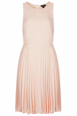 Topshop Woven midi dress with pleated skirt, semi-sheer overlay shelf and button fastening to the back of neck. team it with metallic heels