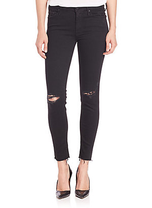 Mother The Looker Distressed Ankle-Fray Skinny Jeans