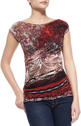 Fuzzi Short-Sleeve Ruched Lace-Print Top