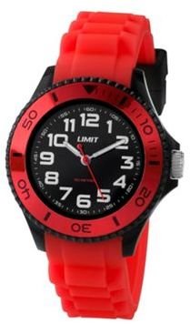 Limit Unisex black watch with red strap.